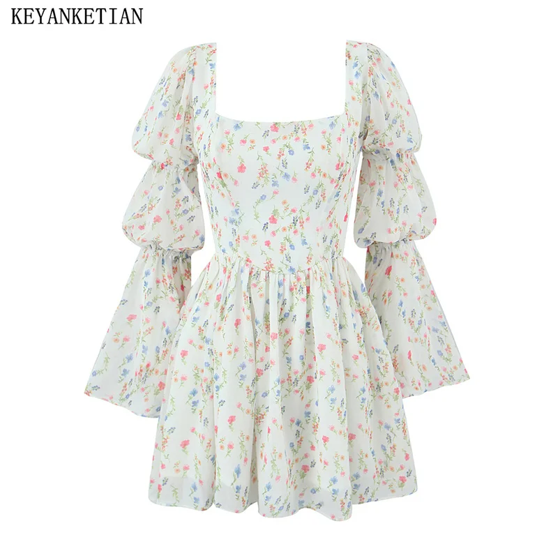 

KEYANKETIAN 2024 New Launch Holiday wind Flower Print Flare Sleeve MIDI Dress Sweet Fresh Women's Back Zipper Chiffon Dresses