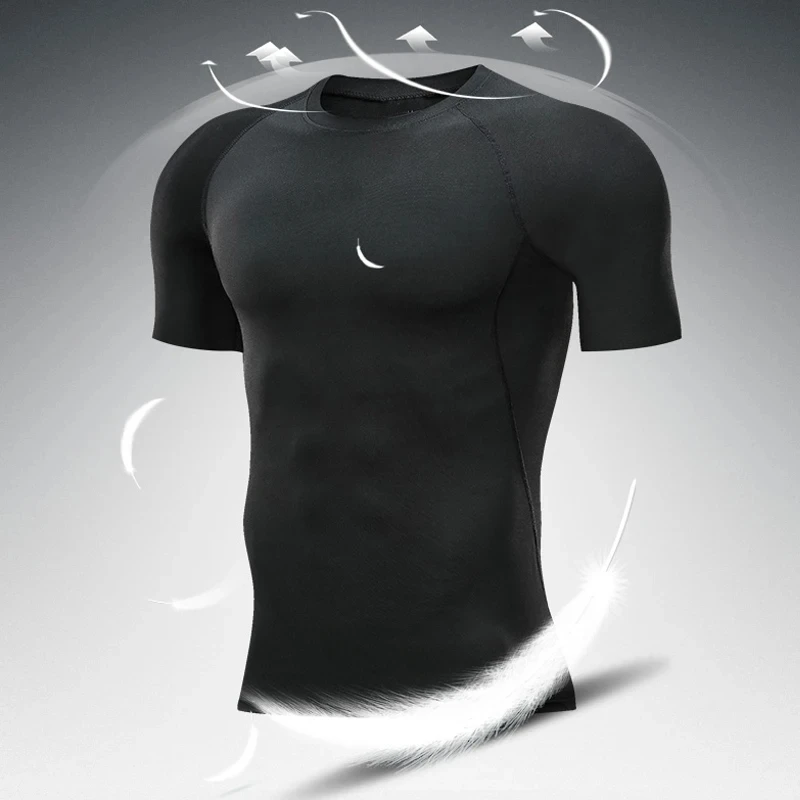 Men's Solid Color Short Sleeved T-shirt Compressed Quick Drying Breathable Training Suit Fitness Jujitsu Rashguard Top Gym Sport