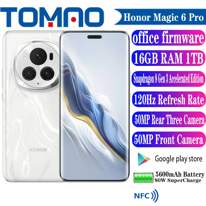 Honor Magic 6 Pro 5G 휴대폰, 5600mAh 배터리, 80W 6.80 인치 OLED, 120Hz, 50MP, 후면 3 개 카메라, 구글 플레이 NFC, 정품 신제품