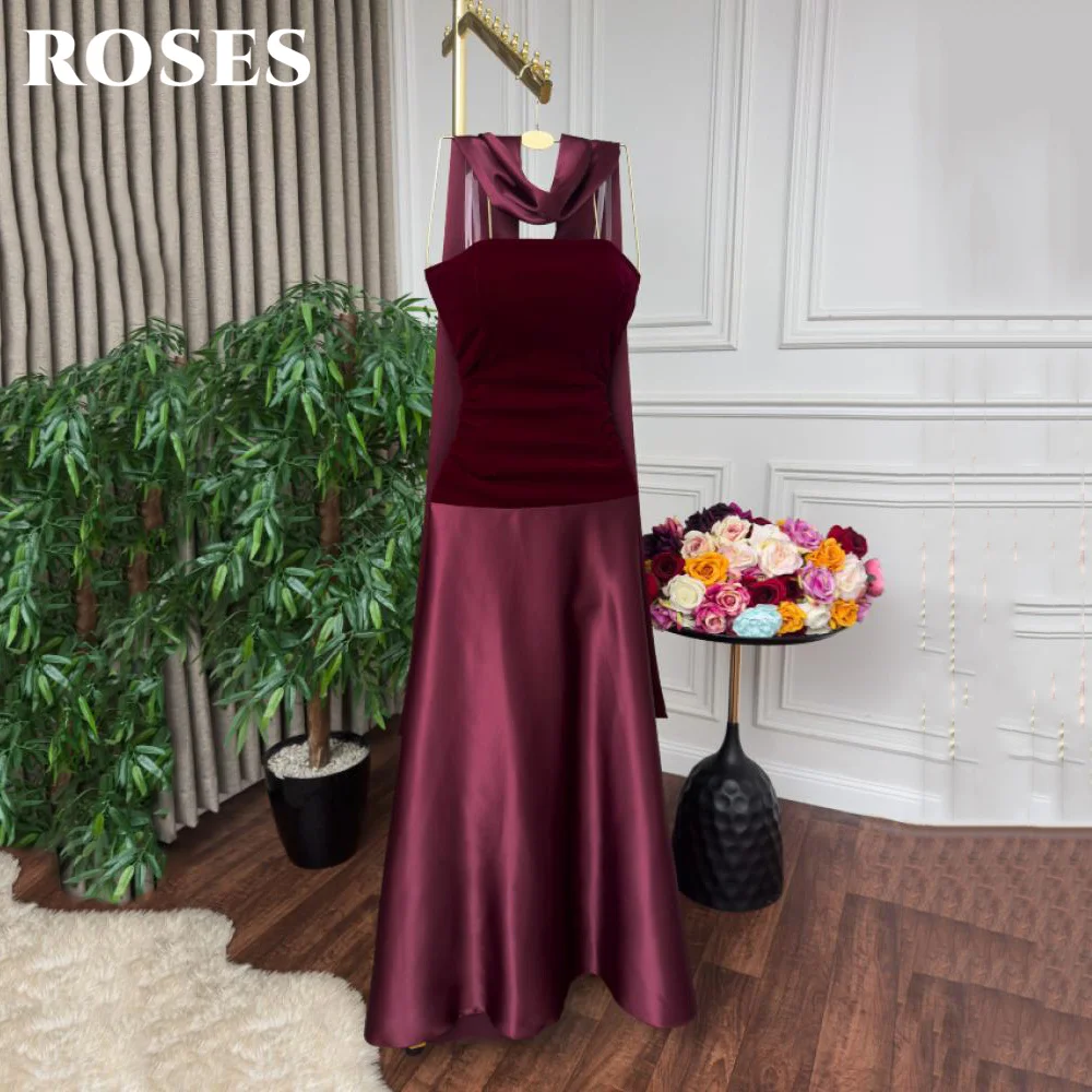 

ROSES Burgundy Party Dress Simple Strapless Night Dresses Velour Bodice Prom Dress for Woman Sleeveless 프롬 드레스 Customized