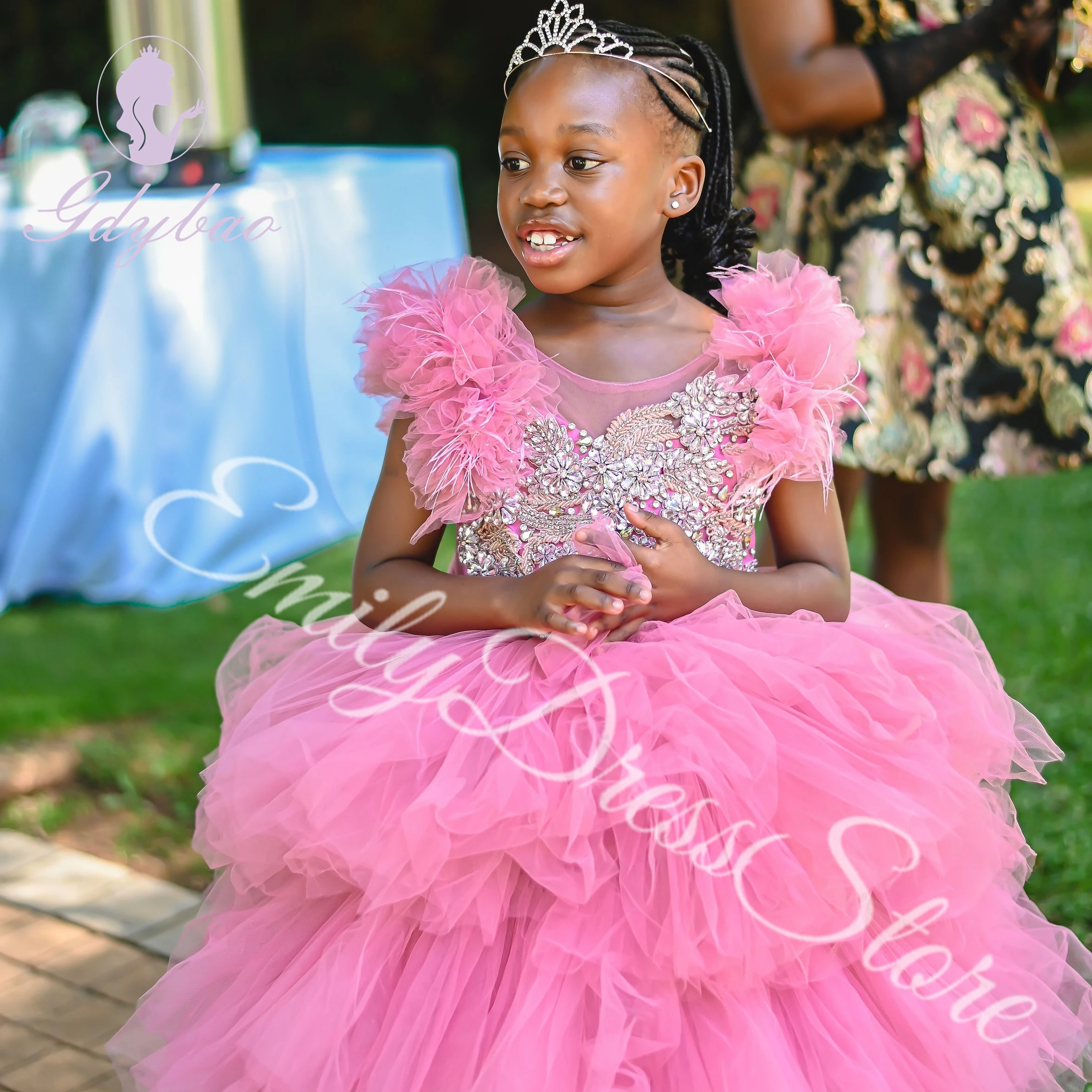 Pink Layered Flower Girl Dress For Wedding Tulle Beaded Lace Feather Pleated Kids Birthday First Communion Customized Ball Gown