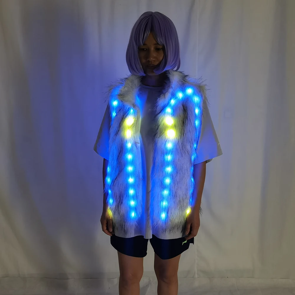 LED Luminous Faux Fur Coat for Women Glowing LED DJ Costume for Nightclub Bar Dance Show Christmas Halloween Party Cospaly