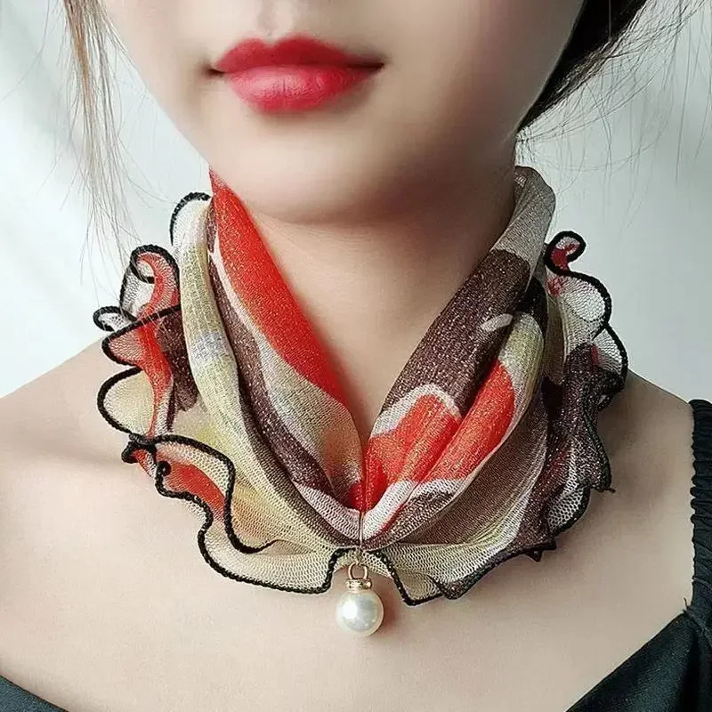 

New Fashion Neck Collar Print Shiny Variety Loop Scarf Ruffle Lace Scarf Pearl Pendant Organza Chiffon Scarves Bandana Headband