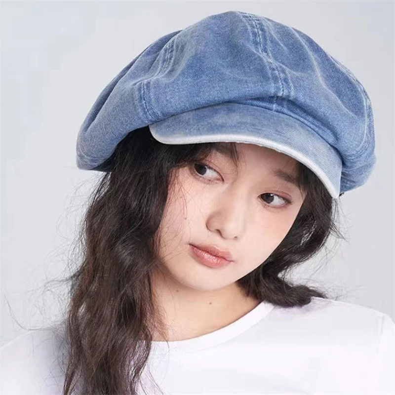 Women\'s Denim Beret Hat Spring Summer Newsboy  Painter Hat Octagonal Cap Korean Style Blue Denim Artist Painter Cap