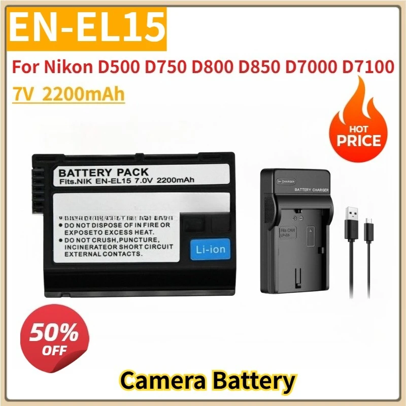 

New Replacement Battery EN-EL15 EN-EL15A EN-EL15B EN-EL15C + LED Charger For Nikon D500 D750 D800 D850 D7000 D7100 2200mAh