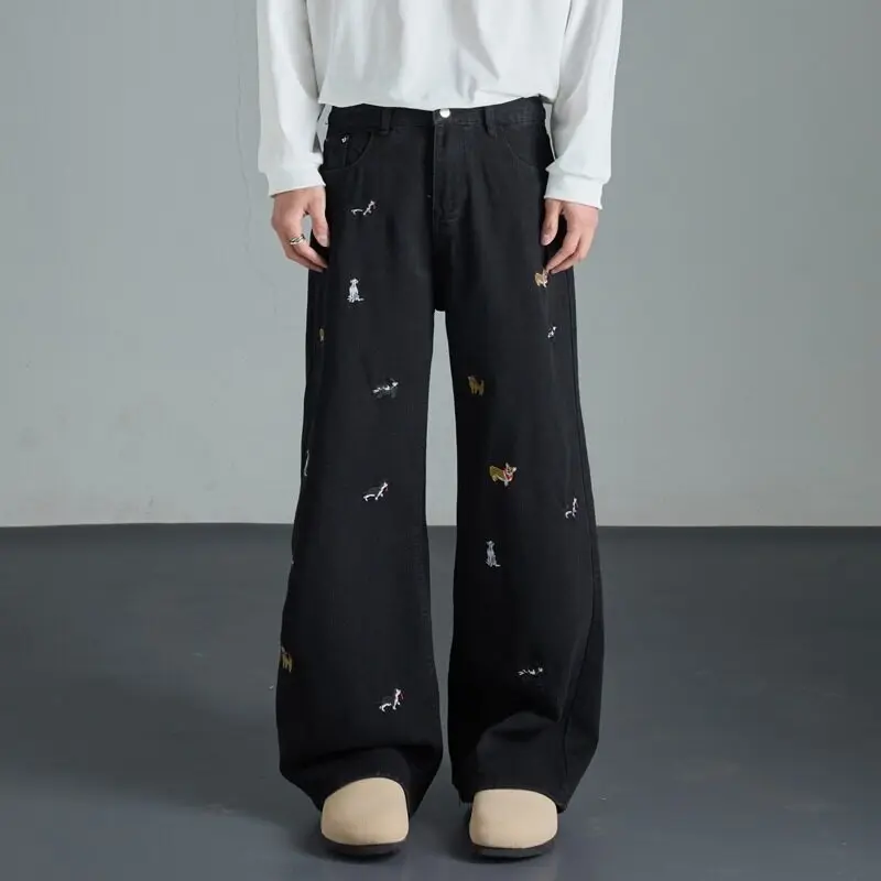 Whth moda 2025 verão dos desenhos animados dos homens bordados calças jeans de rua alta vintage solto em linha reta perna larga jeans masculino 2a0775