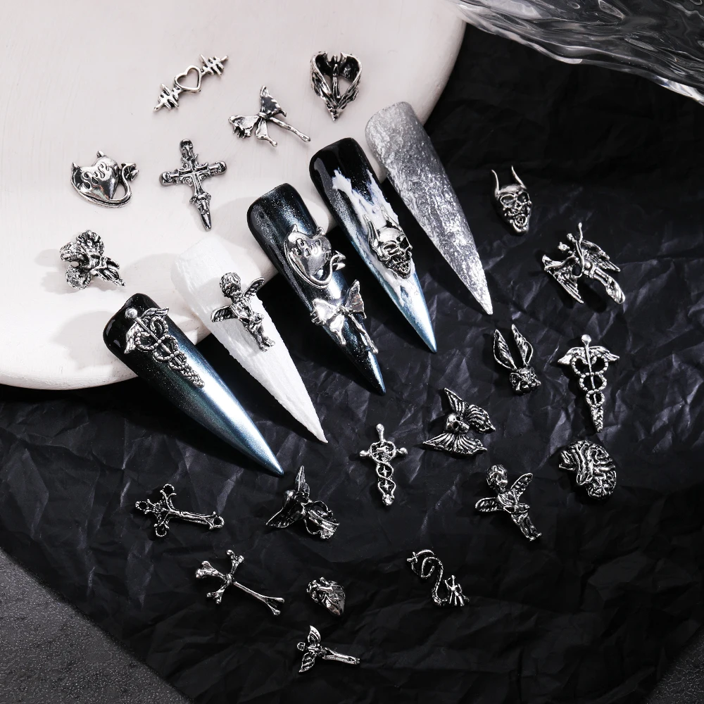 10pcs 3D Halloween Goth Punk Alloy Nail Charms Cross Devil Angel Nail Parts DIY Nail Art Decoration