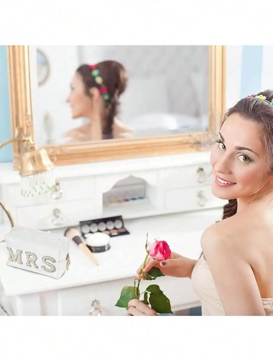 

Bride MRS Letter Rhinestone Makeup Bag White Cosmetic Travel Toiletry Pouch Bridal Shower Gift