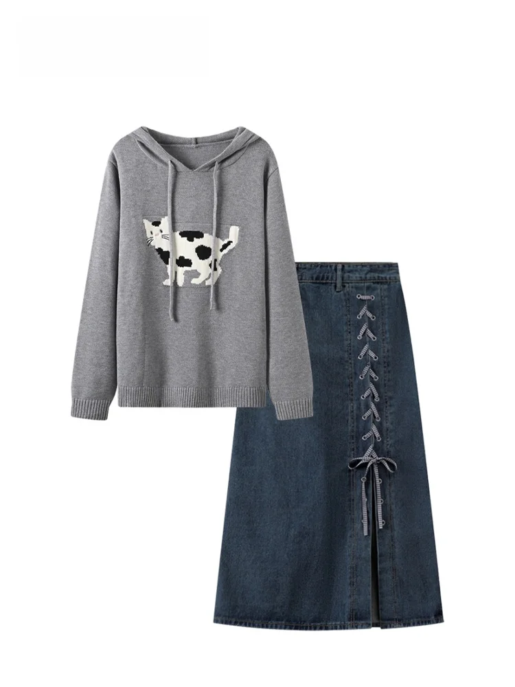 

CaraCLUB Large Size College Sle Knitted Sweater And Denim Skirt Set Women's Autumn Winter New Faion Fce Hoodie Slim Fit