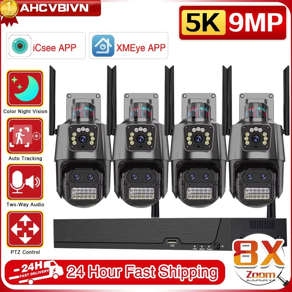 5MP 와이파이 NVR 보안 시스템, 8CH 듀얼 렌즈 Ai 자동 추적 PTZ IP CCTV 카메라, 5K 비디오 감시