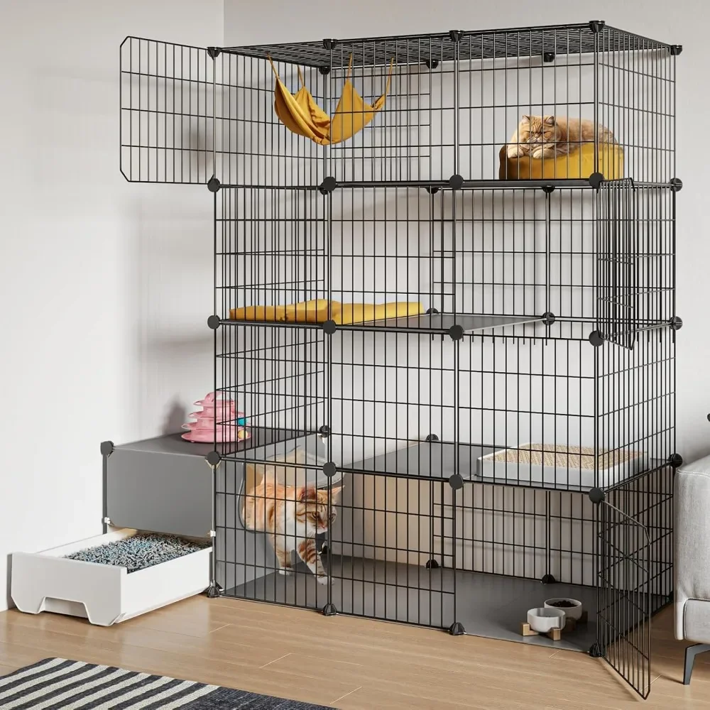 

Cat Cage with Litter Box,4-Tier DIY Enclosures Large Playpen Detachable Metal Wire Kennel Indoor Crate Large Exercise