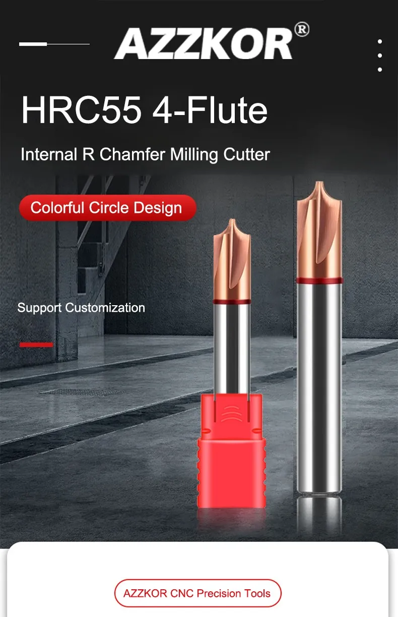 AZZKOR HRC55 Innen-R-Fasenfräser aus Wolframstahl mit Nano-Beschichtung, 4-Schneiden, für CNC-Bearbeitungszentren, Schaftfräser – Detail 5