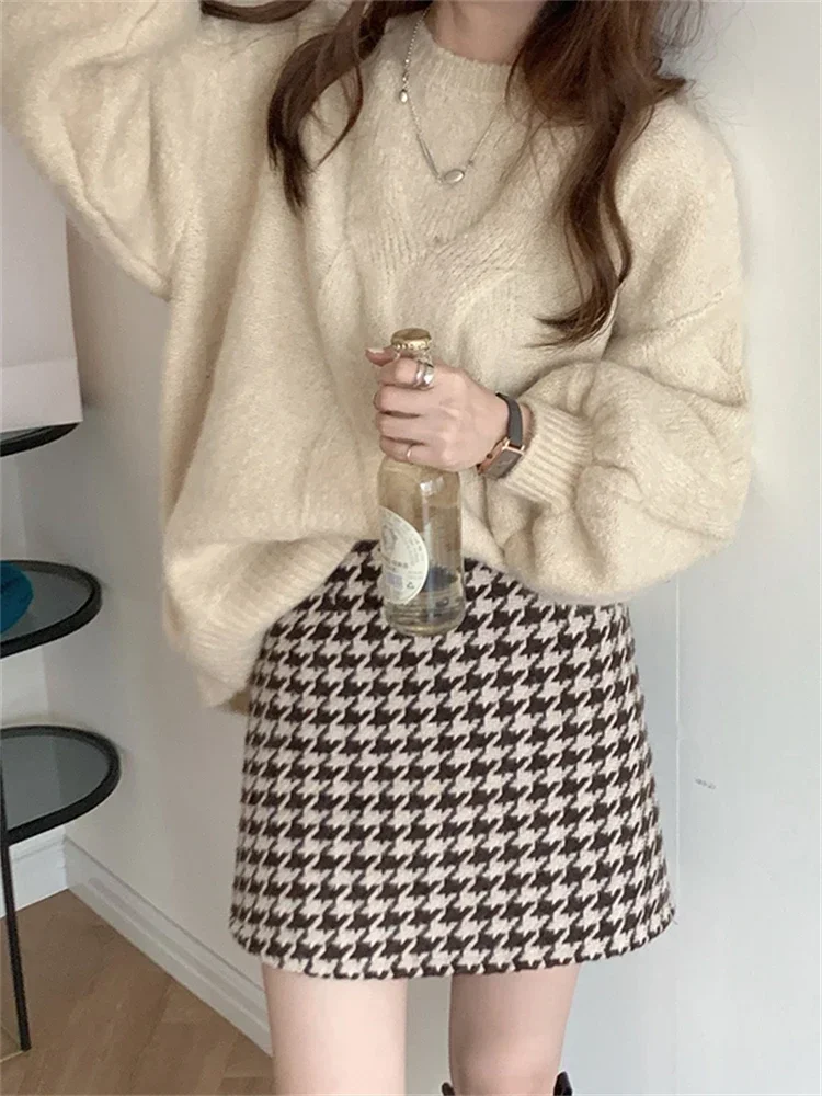 Skirts Women S-5XL High Waist Autumn Winter Above Knee Plaid Harajuku Clothing Fashion Students Leisure All-match Bird Lattice