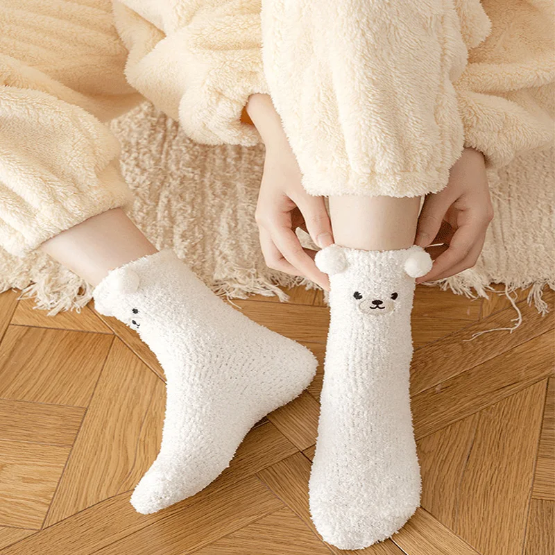 Winter Cute Bear Coral Velvet Socks for Women Warm Comfortable Fluffy Sleeping Sock Lovely Cartoon Floor Socks for Girls XKWZ12 view 5