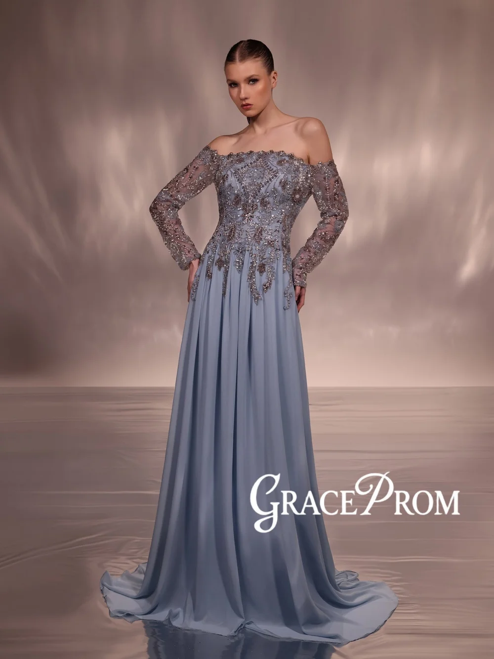 Dusty Blue Beaded Chiffon Evening Dress Luxury Off Shoulder Wedding Party Gowns Customized Elegant A-line Chiffon Banquet Gowns