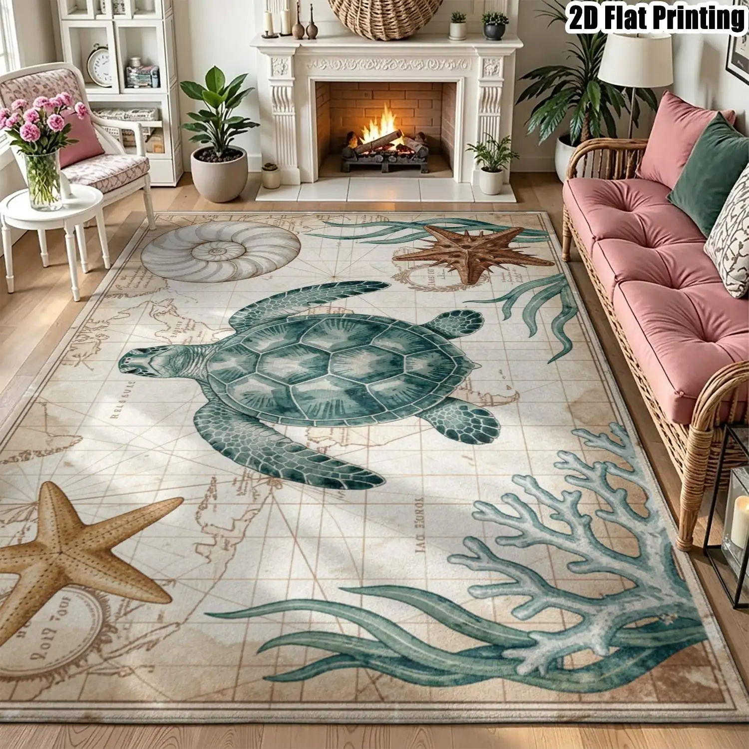 1Pc 2D Printed Retro Marine Life Pattern Carpet, Machine Washable, Multi-Size Home Decor Floor Mat for Multi-Scene Use