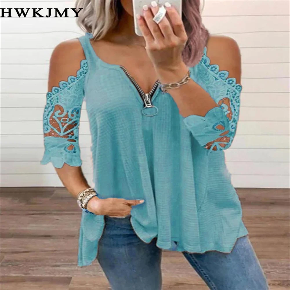 Summer New Lace Petal Half Sleeve Zipper Ladies T-Shirt for women Oversize Off Shoulder V-Neck Loose Casual Top Tee Tunic 8XL