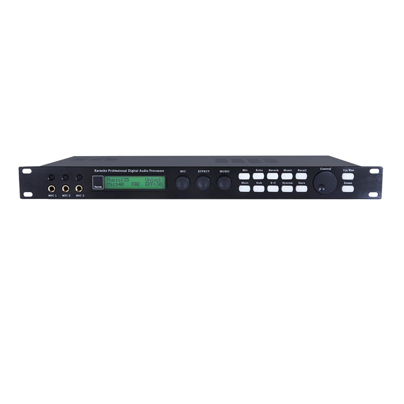 Professional KTV digital pre-effector, audio digital effect processor, One button to prevent howling, USB, MP3, BT, OPTICL,3 mic