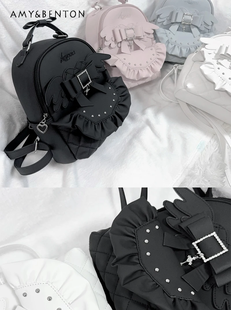 Homemade Japanese Mine Mass-Produced Pure Color All-Match Heart Wings Backpacks Preppy Style Sweet Cute Mini Backpack Students