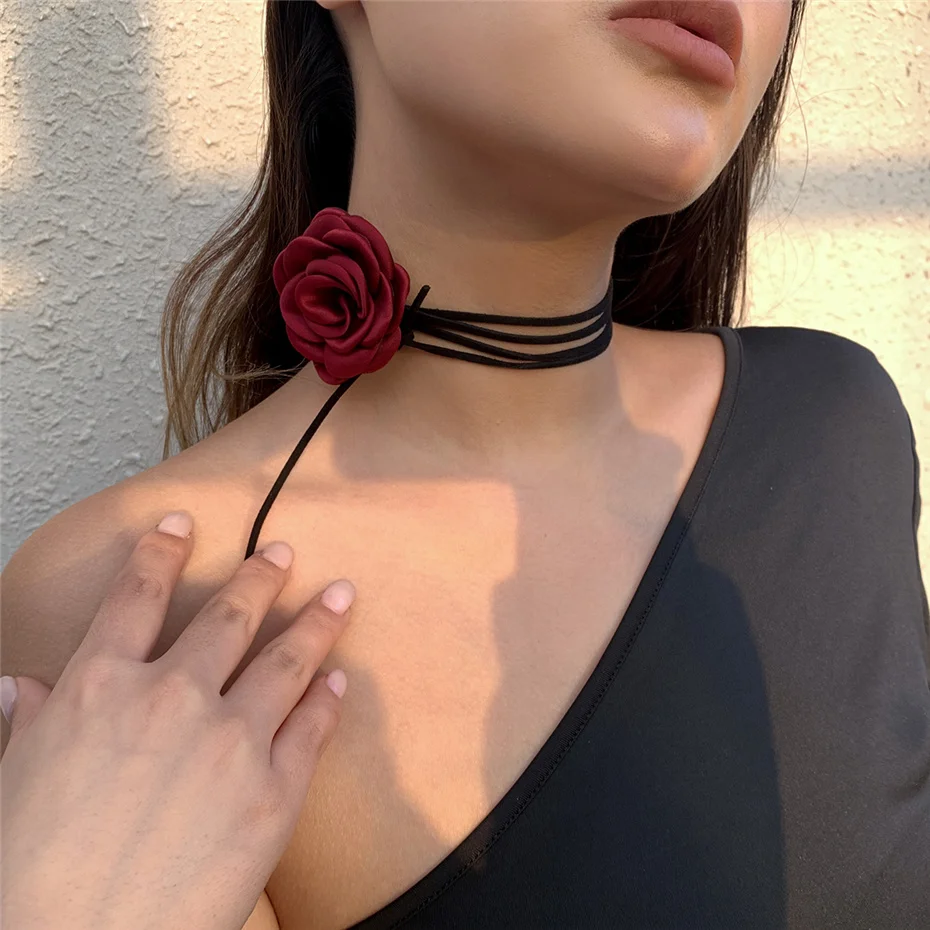 Romantische Gothic Große Rose Blume Schlüsselbein Kette Halskette für Frauen Damen Koreanische Mode Einstellbare Seil Halsband Y2K Zubehör – Detail 6