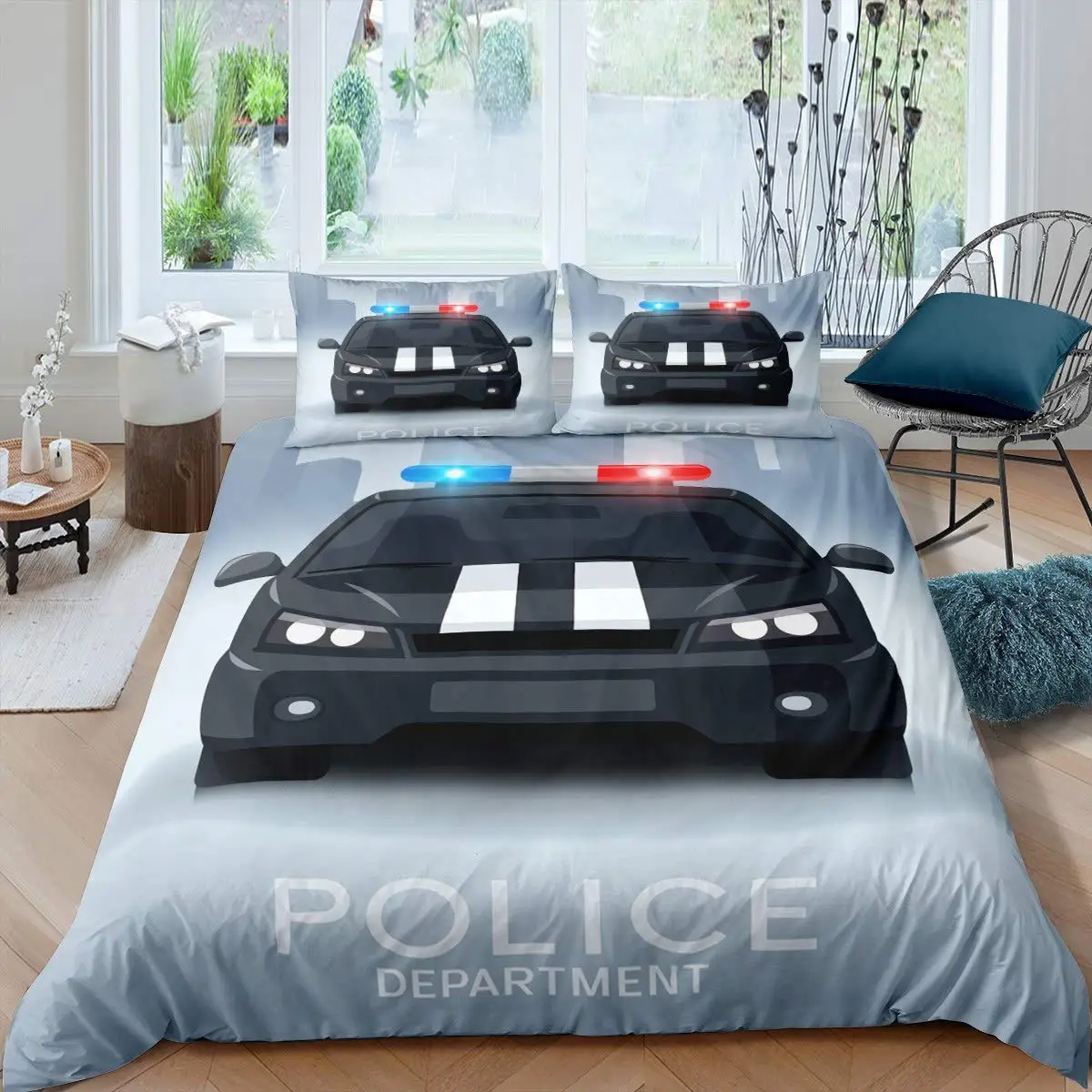 Boys Duvet Cover Cartoon Police Car Bedding Set Vehicles Print Comforter Cover for Kids Teen Bedroom Decor Policeman Quilt Cover