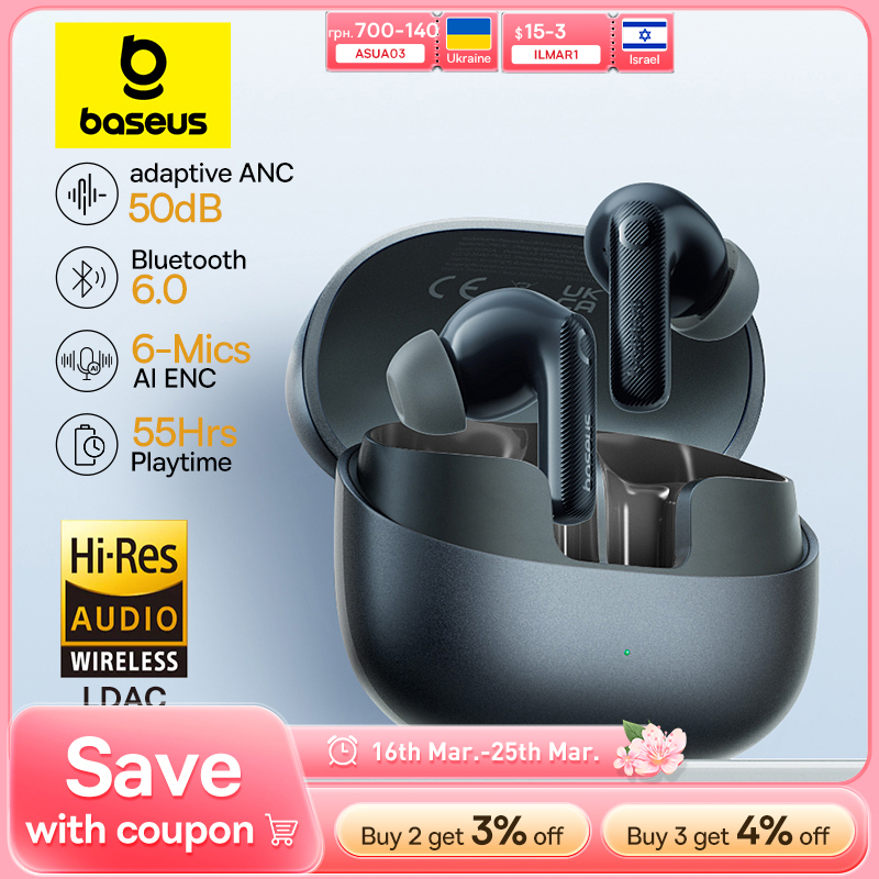  Baseus EP10 Pro ANC Earbuds Wireless Bluetooth 6.0 Earphones 50dB Realtime Adaptive Headphones 6 Mic Hi-Res LDAC IP55  Ear buds 