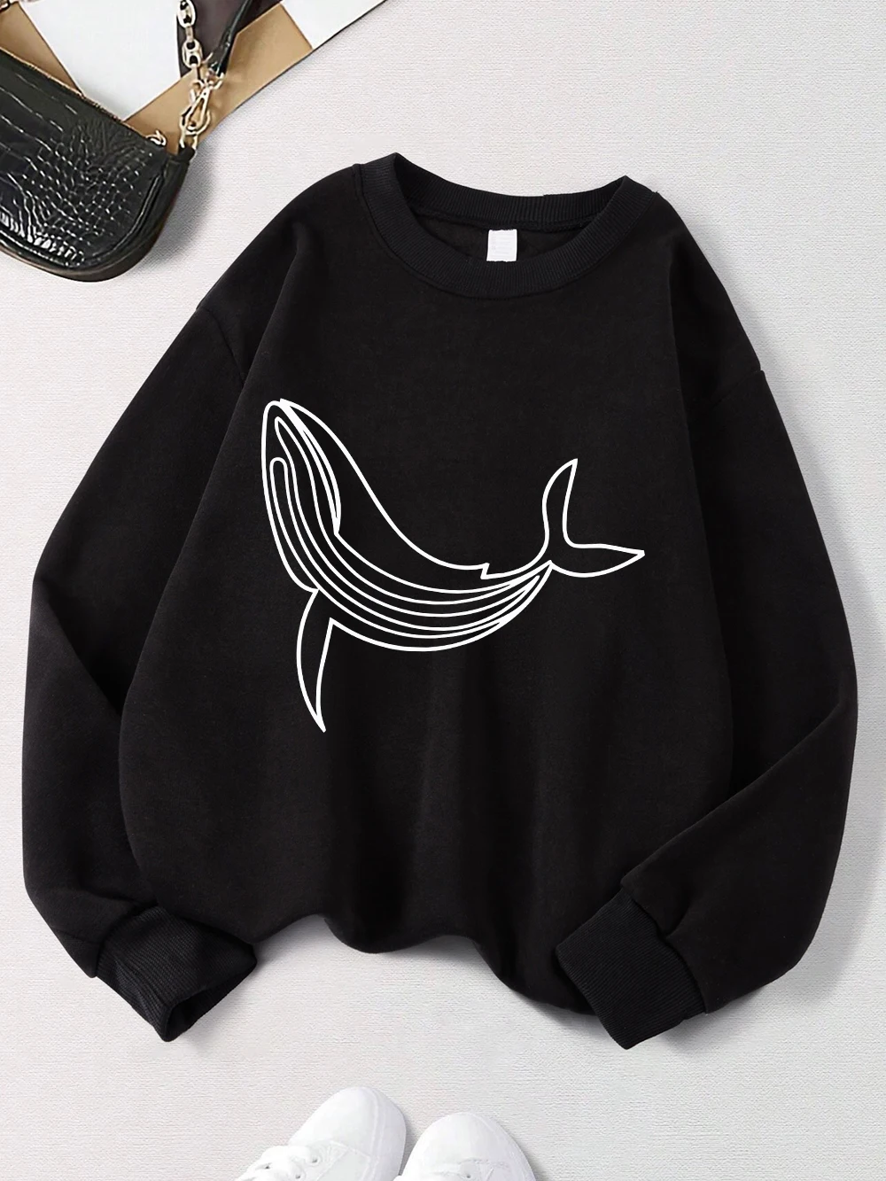2025 Humpback Whale Printing Sweatshirts Women Winter Warm Hoodies Crewneck Loose Pullover Basics Comfortable Women Clothes