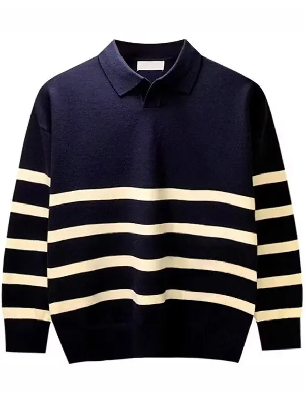 

Casual Sle Men's Knitted Long Sve irt with Stripe Pattern Breathable V-Ne Loose Fit Autumn Winter Leisurewear