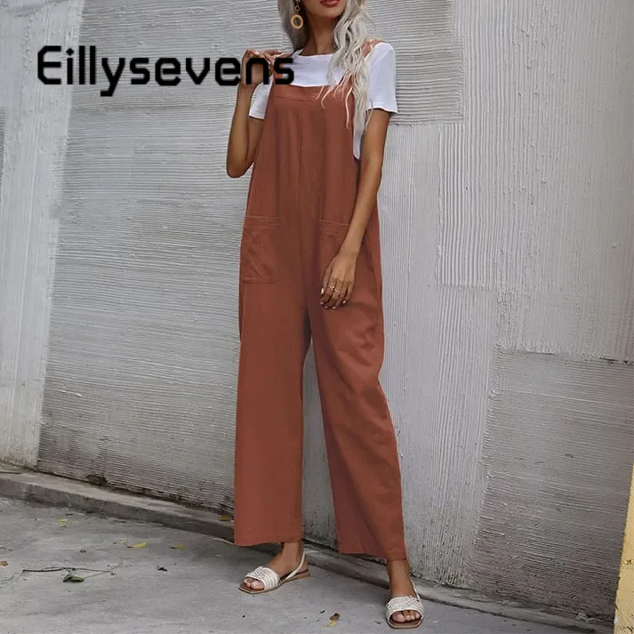 

Women'S Sleeveless Plus Size Jumpsuit Cotton And Linen Solid Loose Wide Leg Slash Pocket Casual One-Piece Ankle-Length Pants