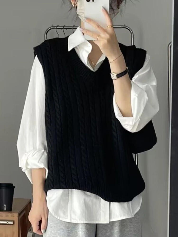 Sweater Vest Women Harajuku Casual Spring New Screw Thread Fashion Korean Style Female Vintage Literary Temperament All-match