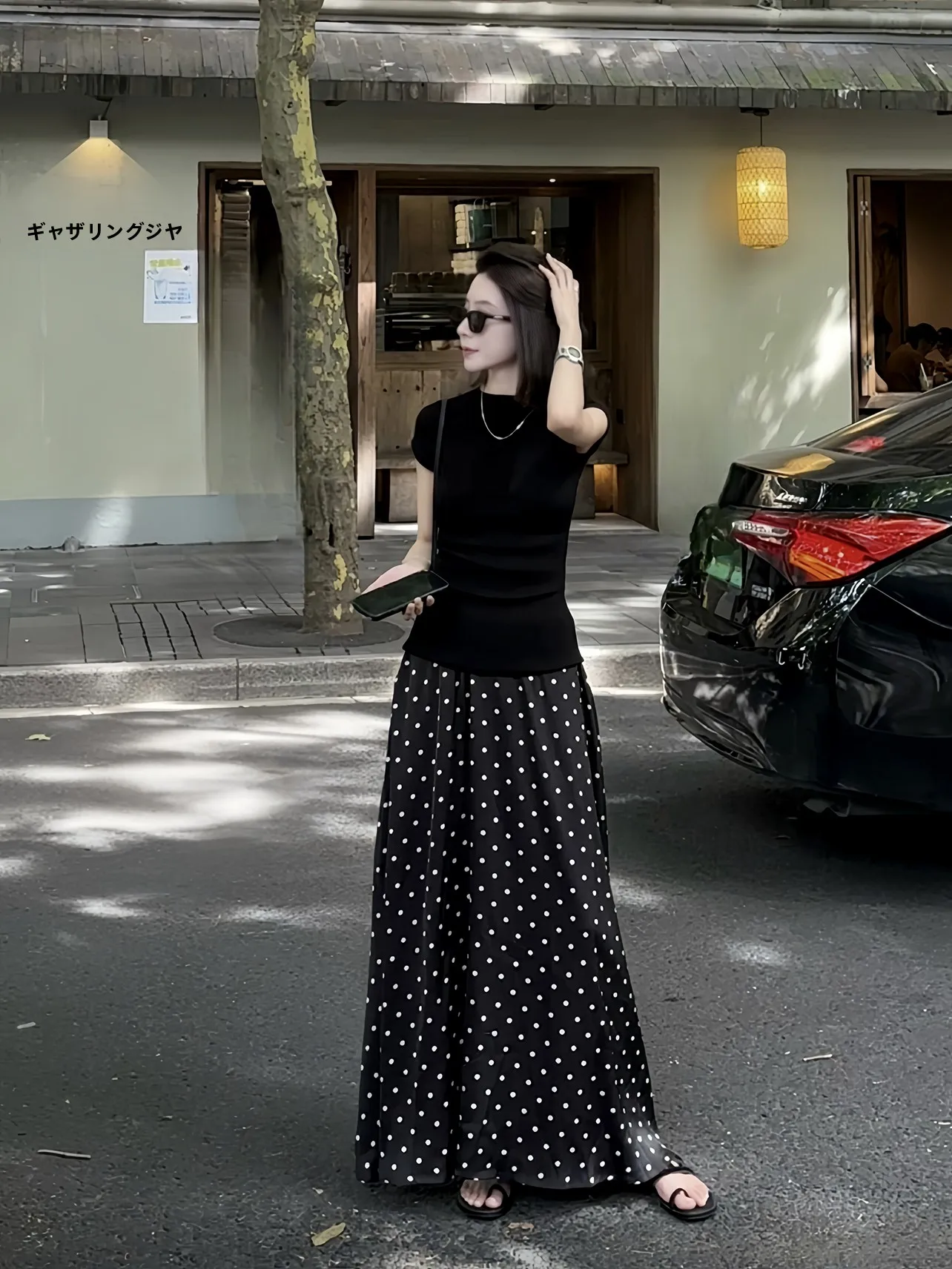 

Classic Retro Summer Bla Polka Dot 45 Deee Oblique Cut Skirt Women's Busin Sle Midi Skirt Simple Commute A-Line Skirt