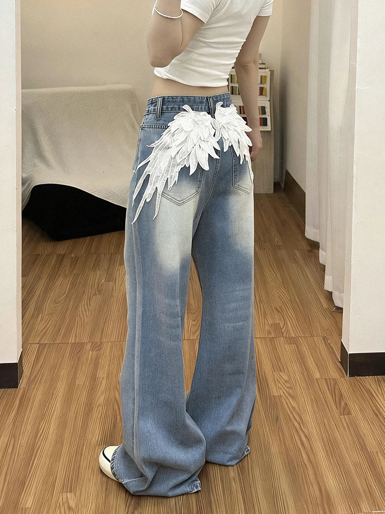 REDDACHiC Women Wide Leg Destroyed Jeans Vintage Angel Wings Applique Distressed Denim Long Trousers Casual Hiphop Streetwear