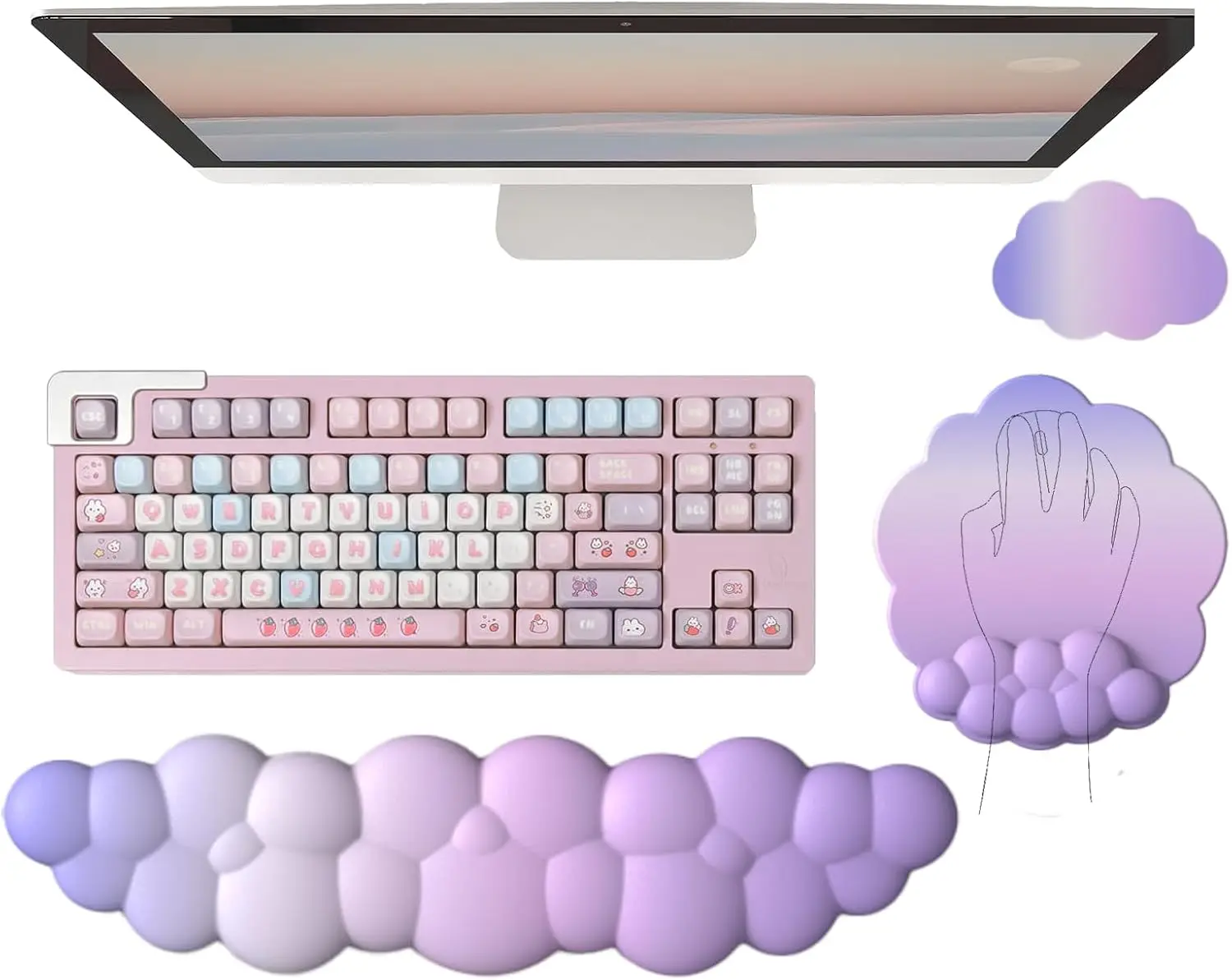 Computer Keyboard and Mouse Pad Set Memory Foam PU Base Cute Ergonomic Wrist Pad Support for Gaming Desk Laptop Home Office
