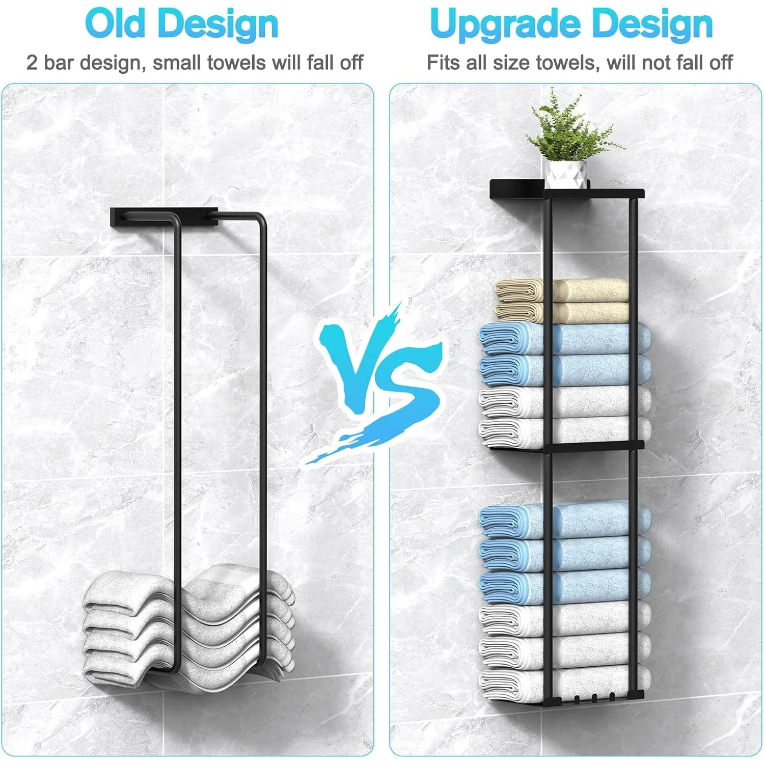 

Towel Rack for Bathroom, Wall Mounted Vertical Rolled Towel Storage Organizer Holder with Shelf,Holds Up 6 Large Bath Sheets