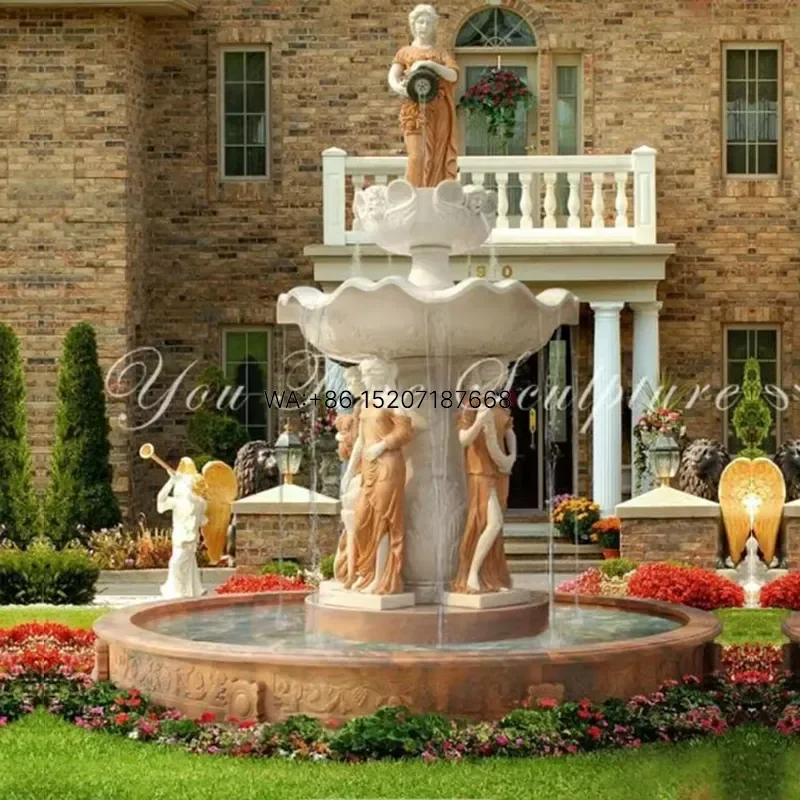 Wmwmnu White and Sunset Red Marble Garden Fountain with Female Statues Grapevine Frieze Relief for Villa Estate Customized