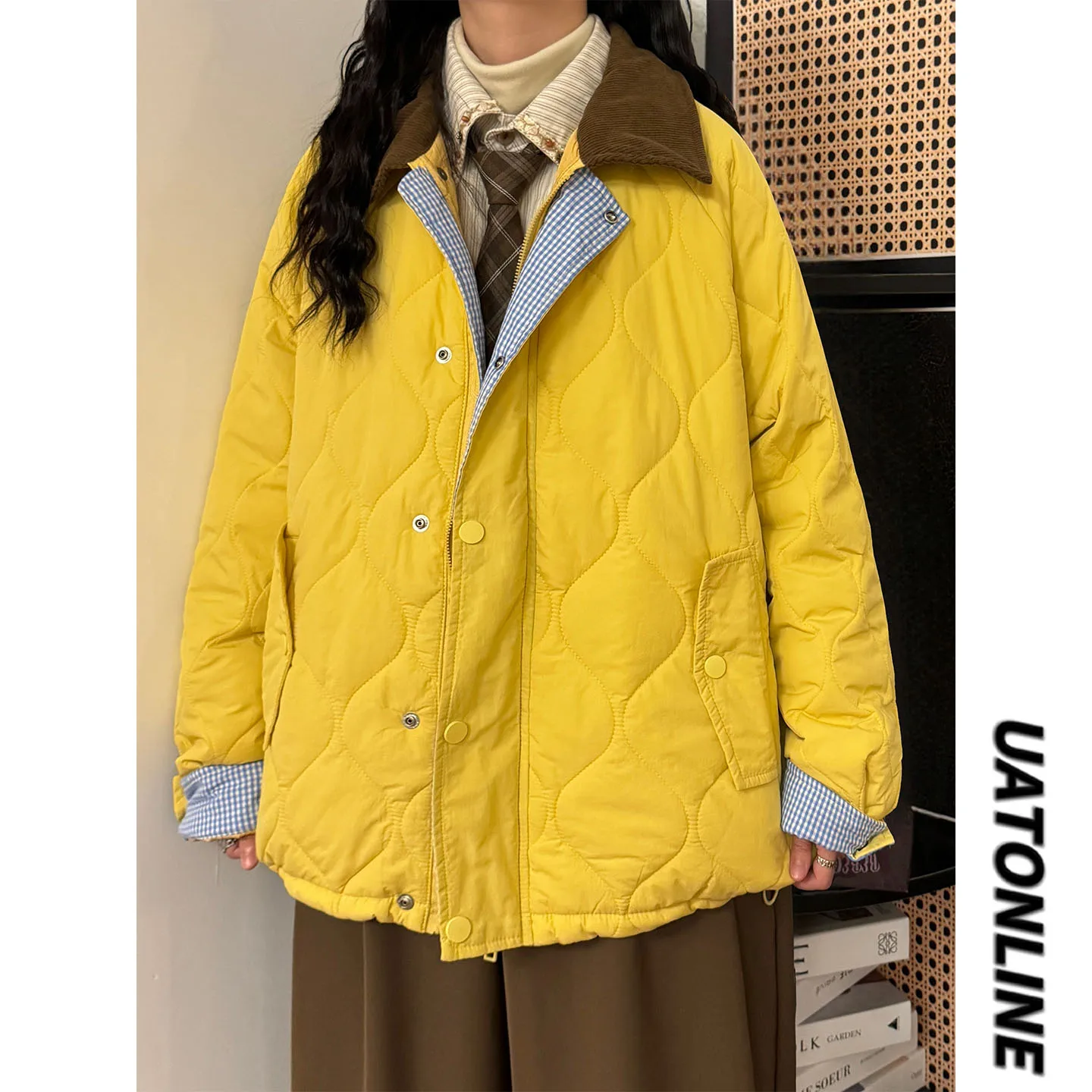 

UATONLINE Winter Thiened Cotton Jaet American Retro Patchwork Diamond id Light Corduroy Stand Collar Zipper Closure Coat