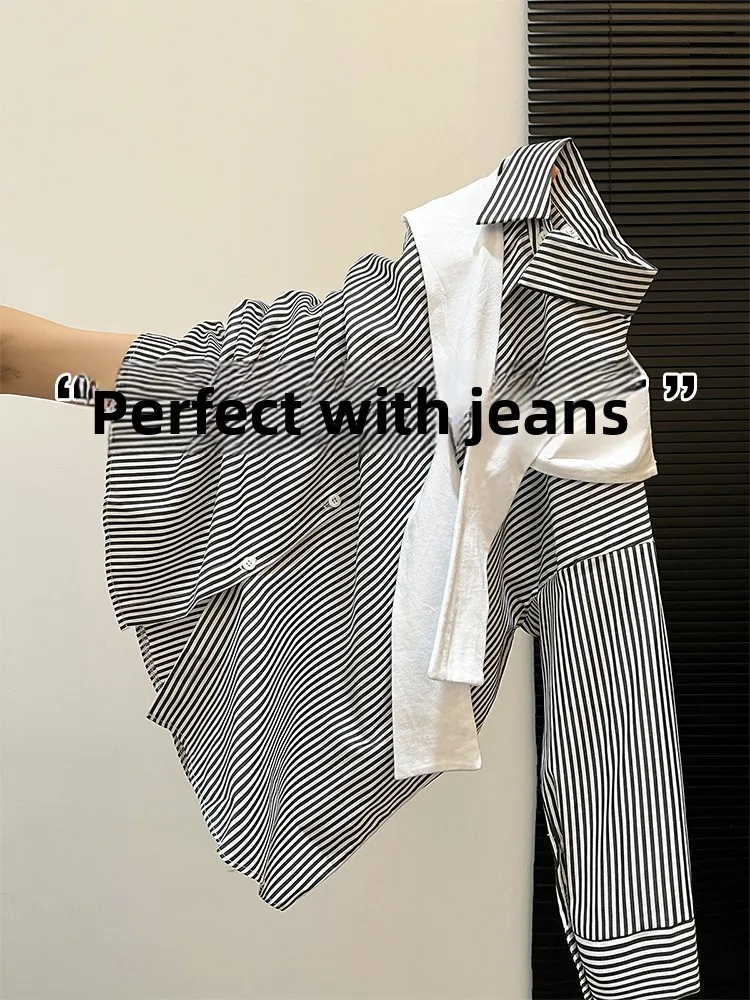 

Женская рубашка в полоску: весенняя мода, винтажный стиль, с длинным рукавом, на пуговицах, приталенная, базовый слой, внутренняя одежда, дизайн с запахом