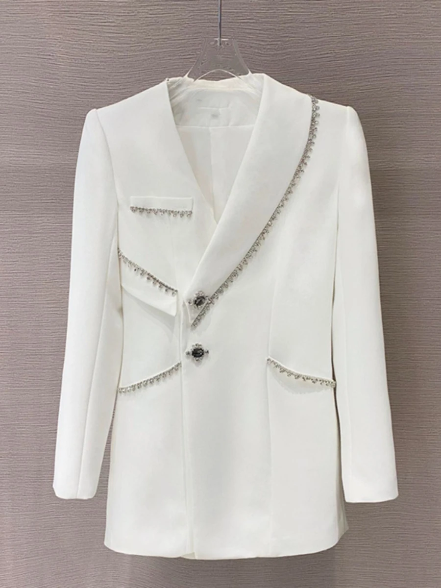 French Style  Diamond Waist Beaded Mid-Length White Suit Coat Women Spring Autumn New Rhinestone Fashion Slim Fit Blazer Dress