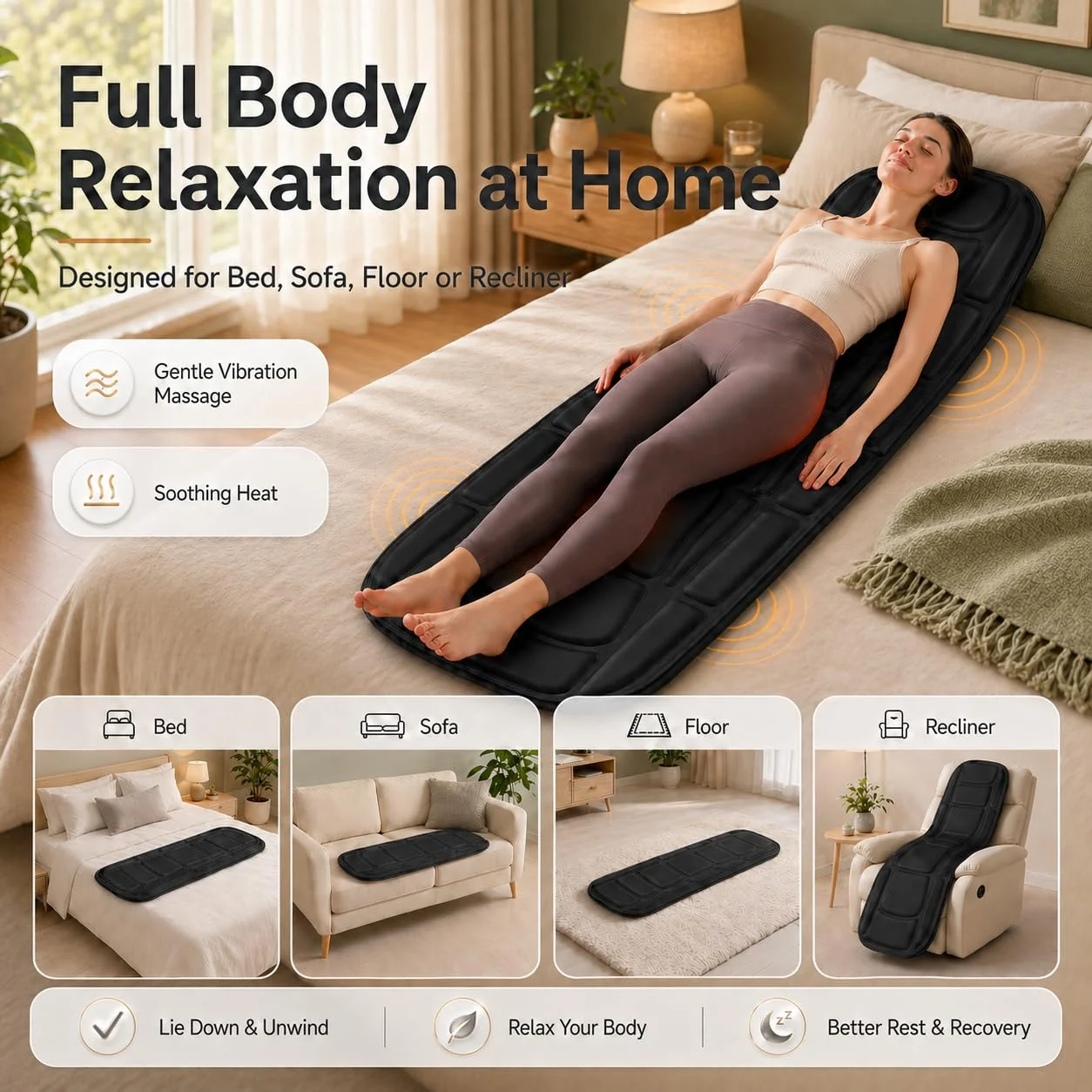 Full Body Massage Mat with Heat, Vibration Massage Mattress Pad with Lumbar Support Cushion, Foldable Massage Mat for Bed, Sofa & Floor, Relaxation & Comfort view 2