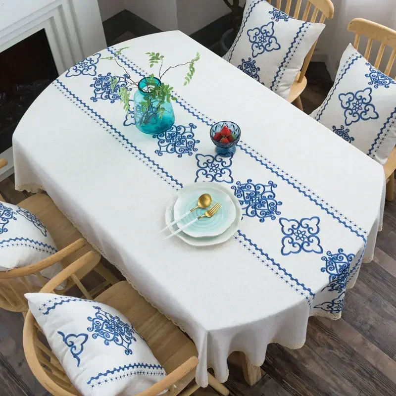 

White Linen Tablecloth with Floral Embroidery Classic Ellipse Table Cloth Rustic Farmhouse Elegant Table Cover Home Decor, 185cm