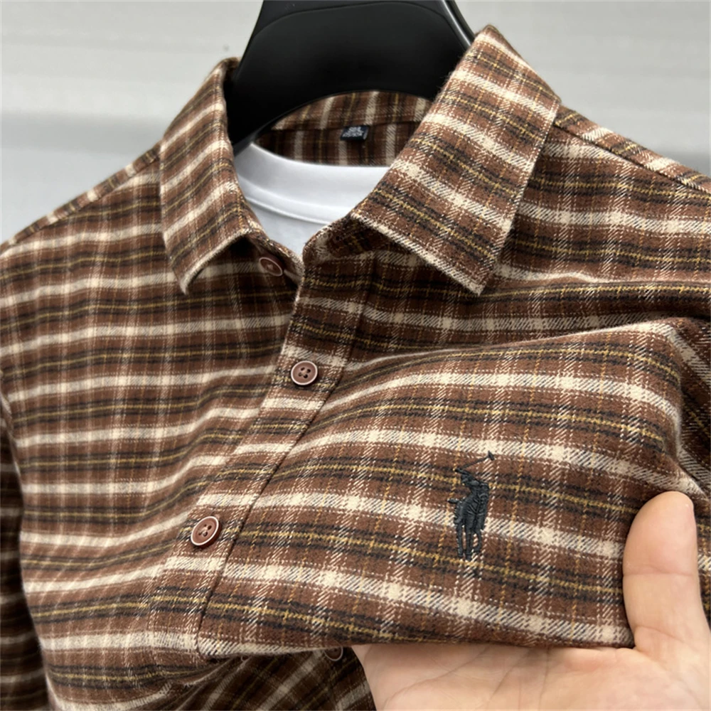 Luxury Brand Men's Shirt New Autumn Lapel Pony Embroidered Long Sleeve Checkered Woolen Shirt Retro Classic Exquisite Men's Wear