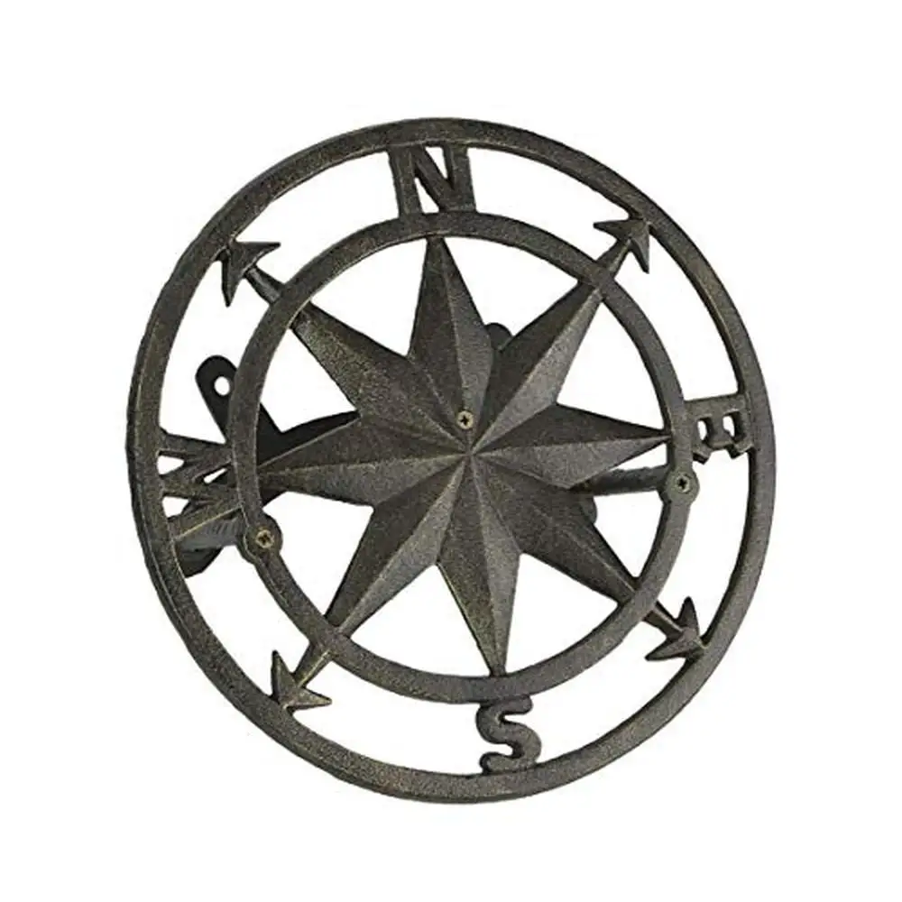 

Nautical Compass Cast Iron Hose Hanger Outdoor Decor Mount Easy Install Coastal Garden Storage Adventure Inspired 12"