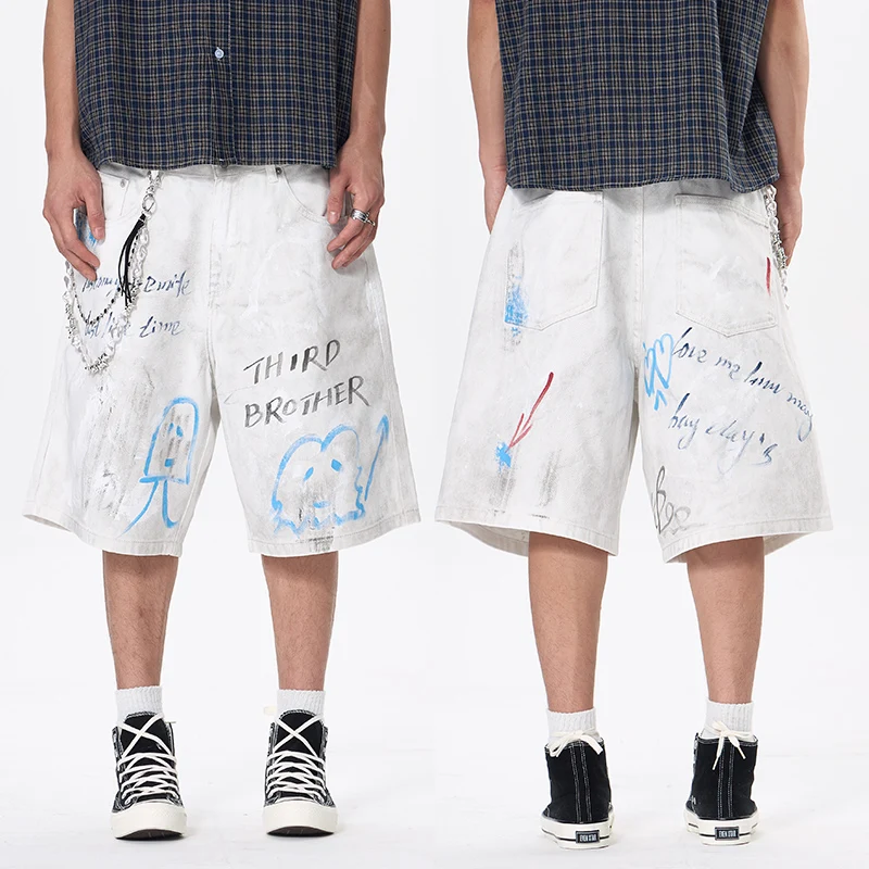 

K 113527 Summer American trend graffiti print loose versatile hip-hop denim shorts men's five trousers