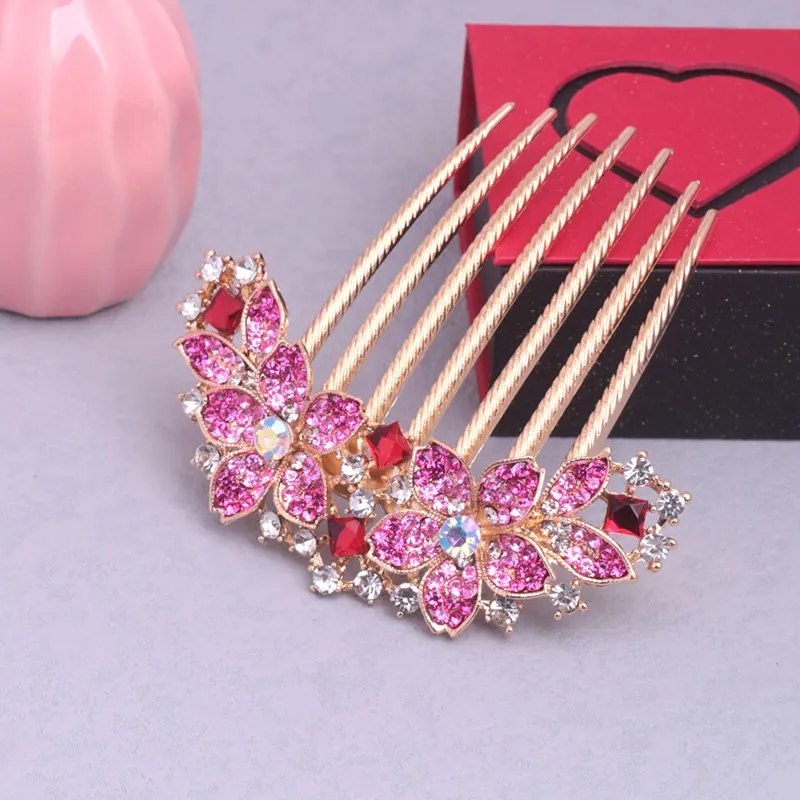 Headwear Classic Rhinestone Hollow Out Flower Colorful Hair Ornament 7 Teeth Wedding Hair Clip Sturdy for Dating