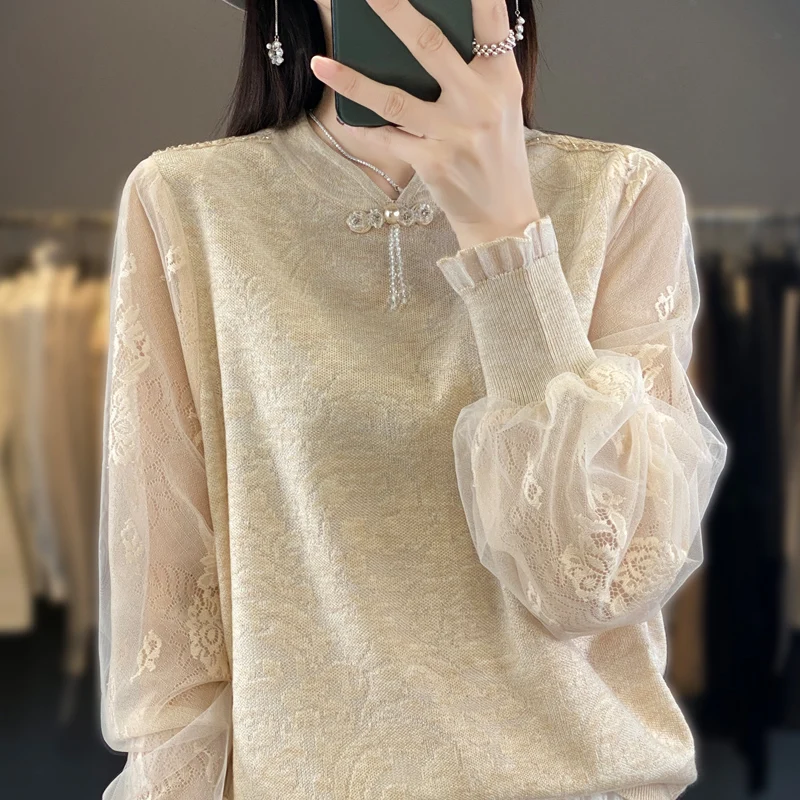 TRAF Women's Fashion Loose Pink Sweater Knitted Sweater Vintage Long Sleeve Standing Collar Women's Pullover Fashion Top