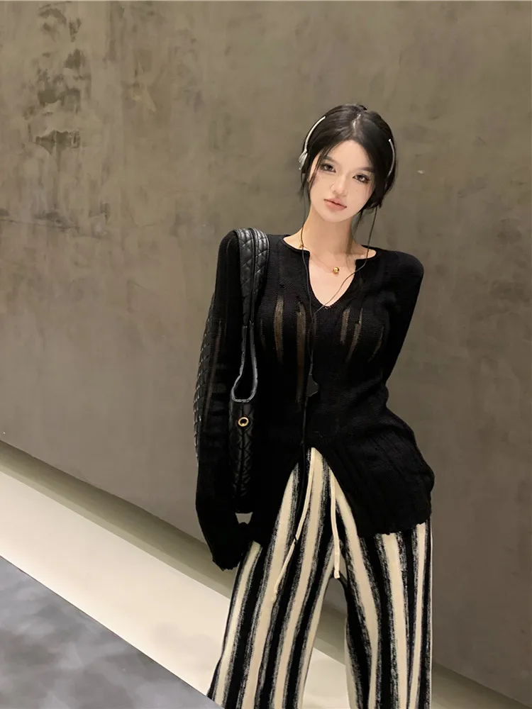 

Black V-neck Perforated Long-sleeved Knitted Cardigan Women's Autumn High Waist Wide Leg Pants Striped Straight Trousers