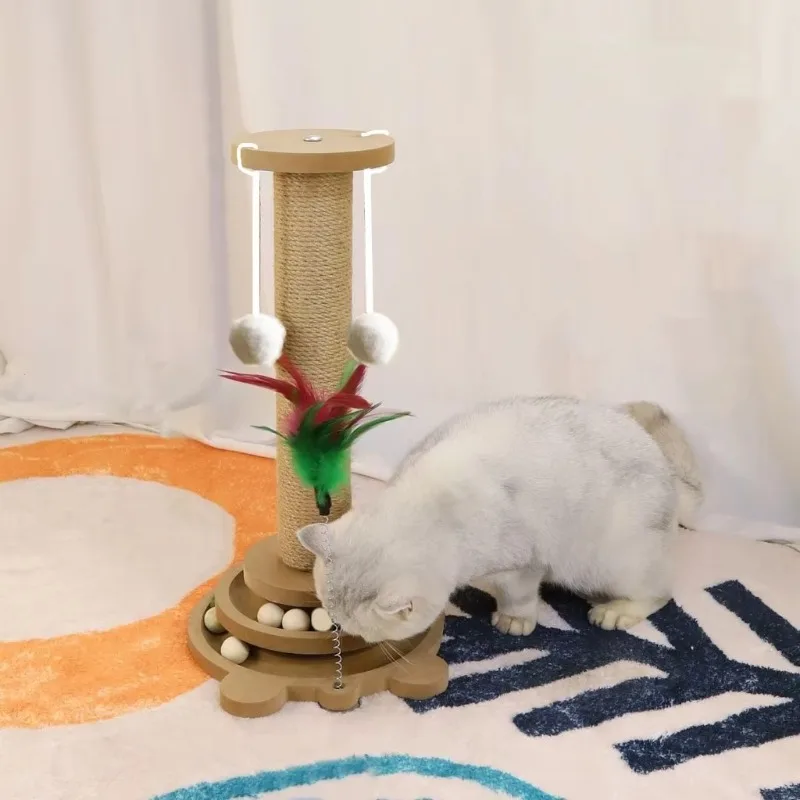 Multifunctional cat self-entertainment cat climbing frame grasping resistant solid wood sisal cat scratching column