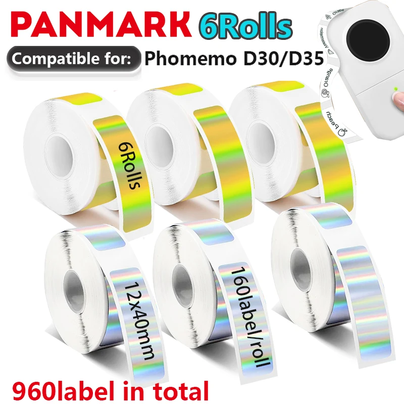 

6 рулонов голографических золотых термонаклеек, сменные наклейки, подходят для принтера этикеток Phomemo D30, самоклеящиеся термоэтикетки