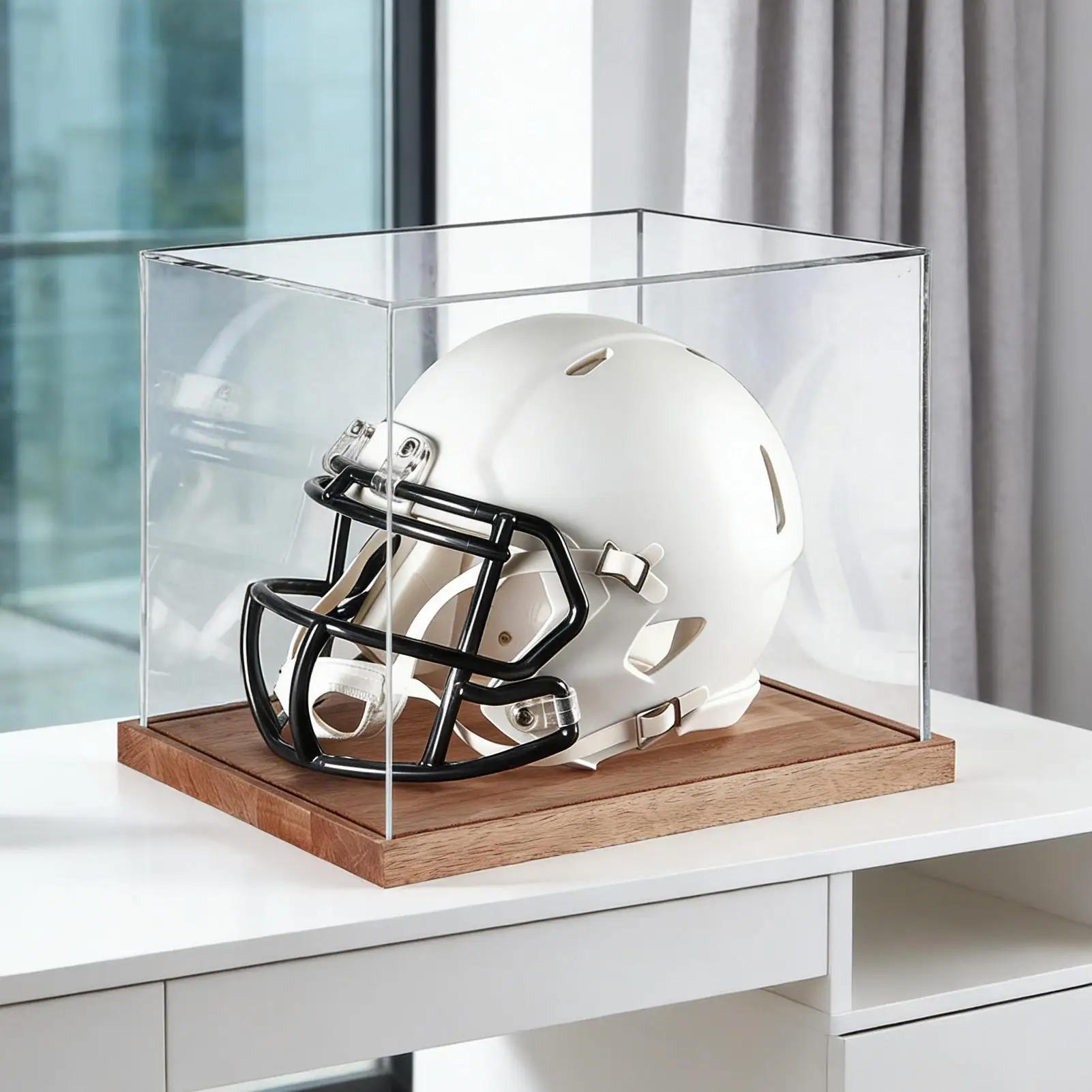 

Full Size Helmet Display Case Clear Box with Wooden Stand Full Size Football Helmet Display Case for Sports Collectibles