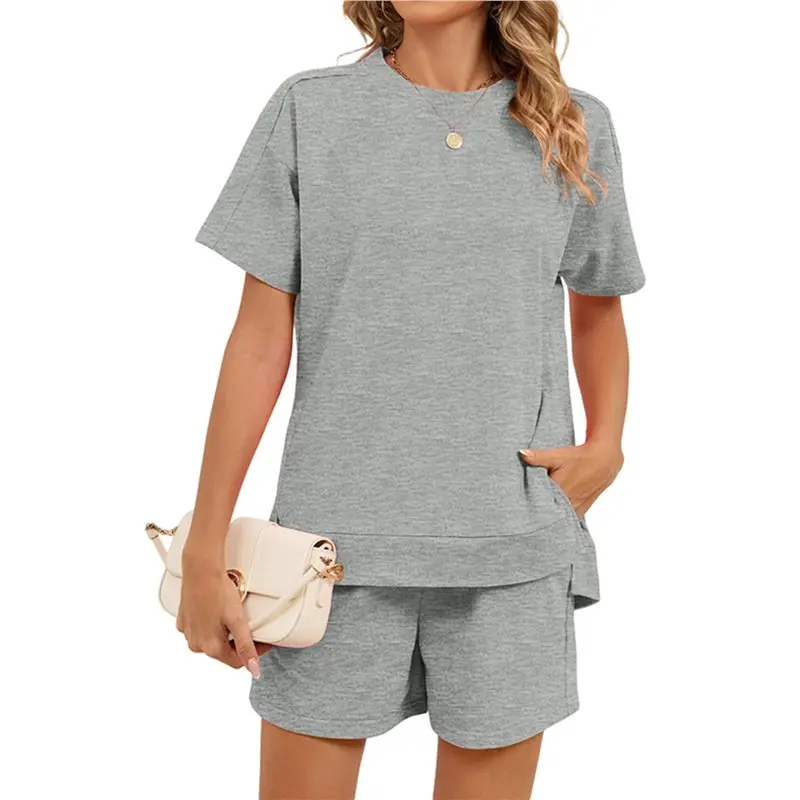 

CYL-Women Casual 2 Piece Outfits Sweatsuits Summer Short Sleeve Loungewear Tracksuit Round Neck Lounge Shorts Sets